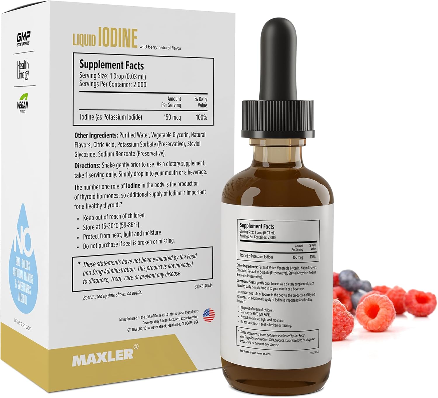 Maxler Liquid Iodine Drops (0.5%) - Vegan Thyroid Support Supplement with 150 mcg Potassium Iodide - GMO-Free Wild Berry Flavor