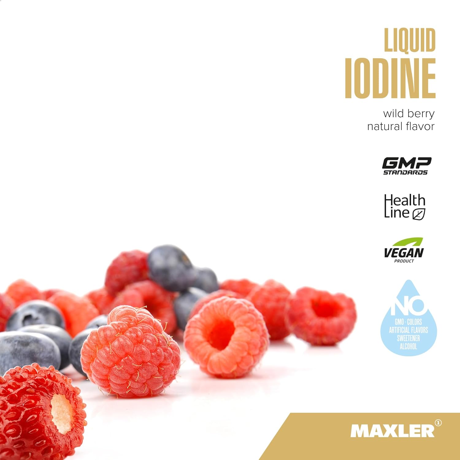 Maxler Liquid Iodine Drops (0.5%) - Vegan Thyroid Support Supplement with 150 mcg Potassium Iodide - GMO-Free Wild Berry Flavor