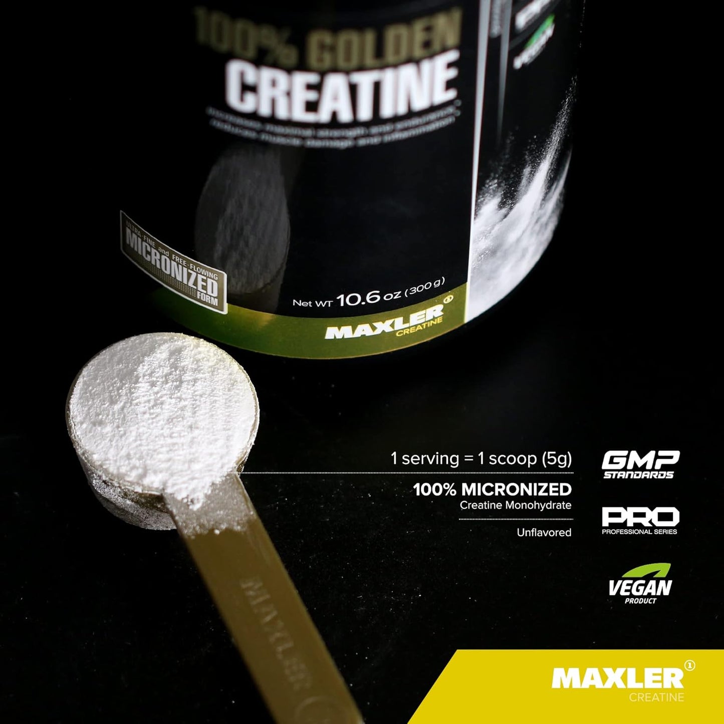 Maxler Micronized Creatine Monohydrate Powder - 100% Golden Creatine for Muscle Building - Pre/Post Workout Vegan Supplement - Gluten Free - 300 g