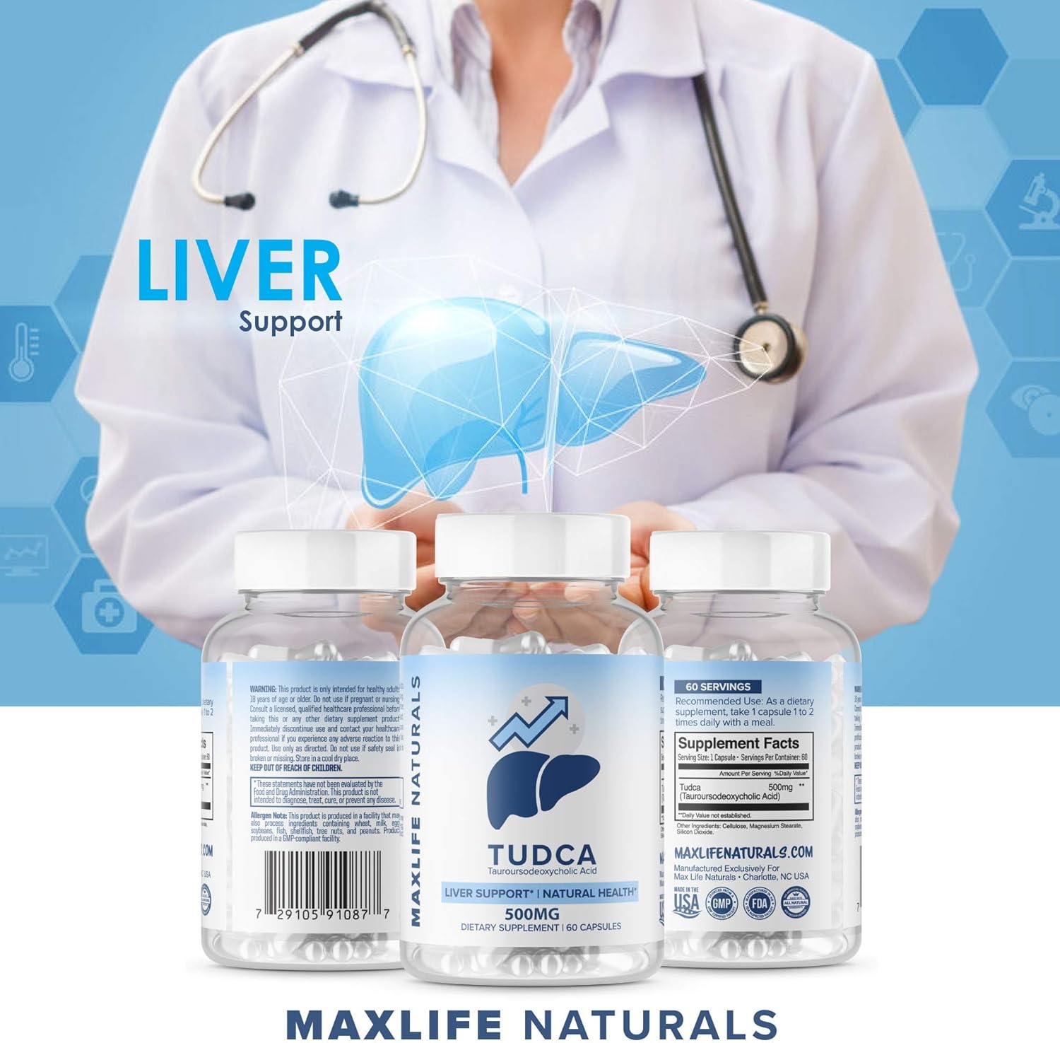 MAXLIFE NATURALS 3 Pack Tudca Liver Support Supplement 500mg - 180 Servings Liver Cleanse & Rescue Aid - Bile Salts for Liver Detox - Tauroursodeoxycholic Acid Supplement