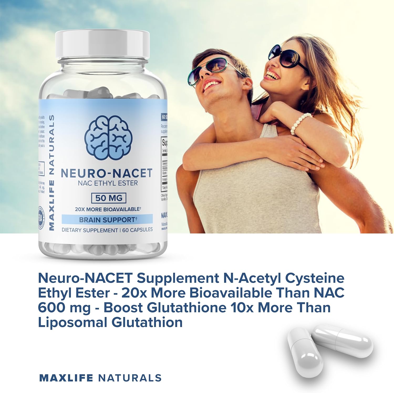 MAXLIFE NATURALS Neuro NACET - Enhanced N-Acetyl Cysteine Ester - Boosts Glutathione Levels - Brain Support with Glycine & Selenium