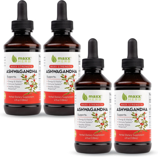 Maxx Herb Ashwagandha Liquid Extract - High Potency Tincture for Stamina, Memory, Immune Support - 4 Bottles, 4 Oz Each (240 Servings)