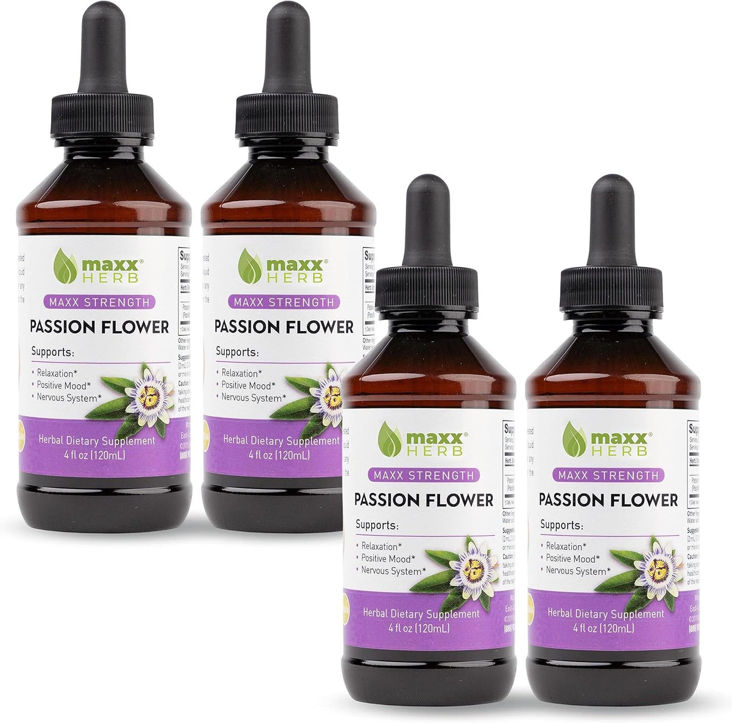 Maxx Herb Passion Flower Extract - High-Potency Liquid for Stress Relief and Relaxation, Alcohol-Free - 4 Bottles, 4 Oz Each (240 Servings)