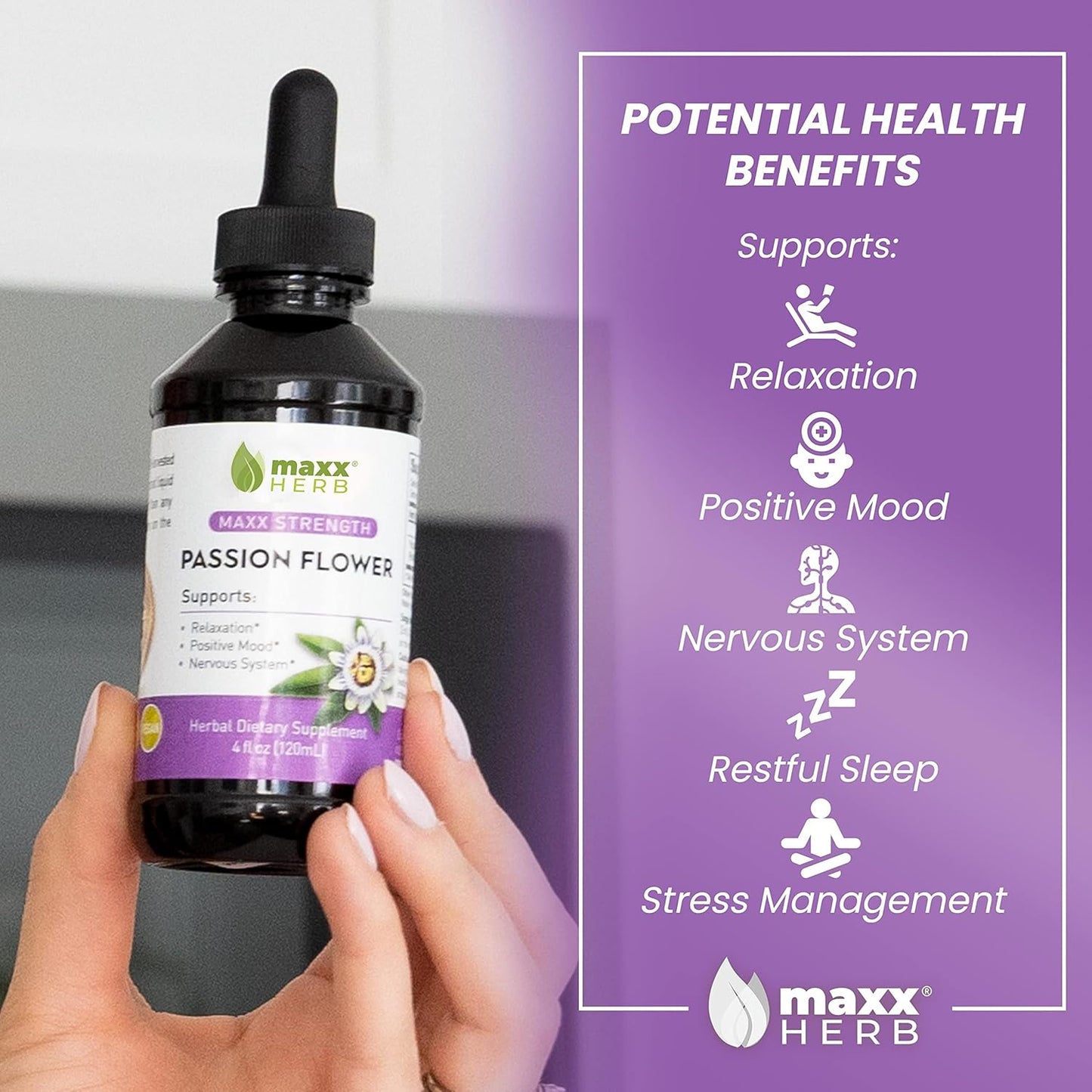 Maxx Herb Passion Flower Extract - High-Potency Liquid for Stress Relief and Relaxation, Alcohol-Free - 4 Bottles, 4 Oz Each (240 Servings)