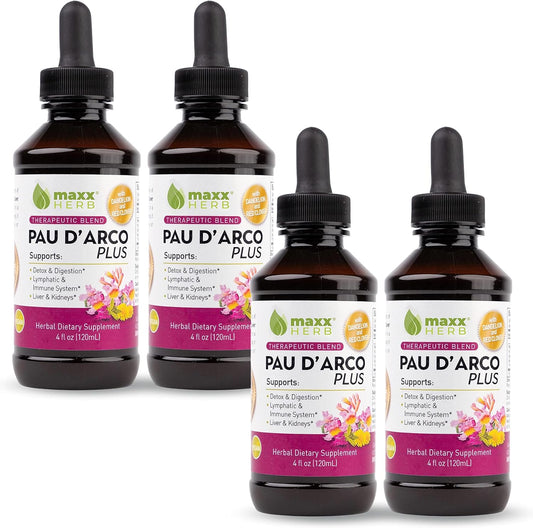 Maxx Herb PAU D'Arco Extract with Dandelion Root & Red Clover Therapeutic Blend for Immune Support - 4 Bottles, 240 Servings