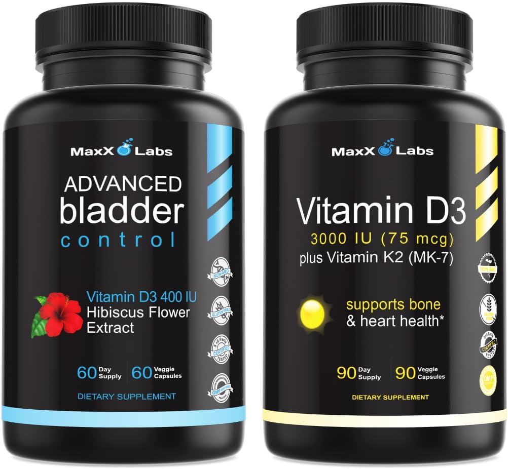 MaxX Labs Bladder Control Supplements with Vitamin D3 K2 3000 IU & MK-7 from Natto - Supports Bone, Teeth, Heart, Immunity - 60Ct + 90Ct