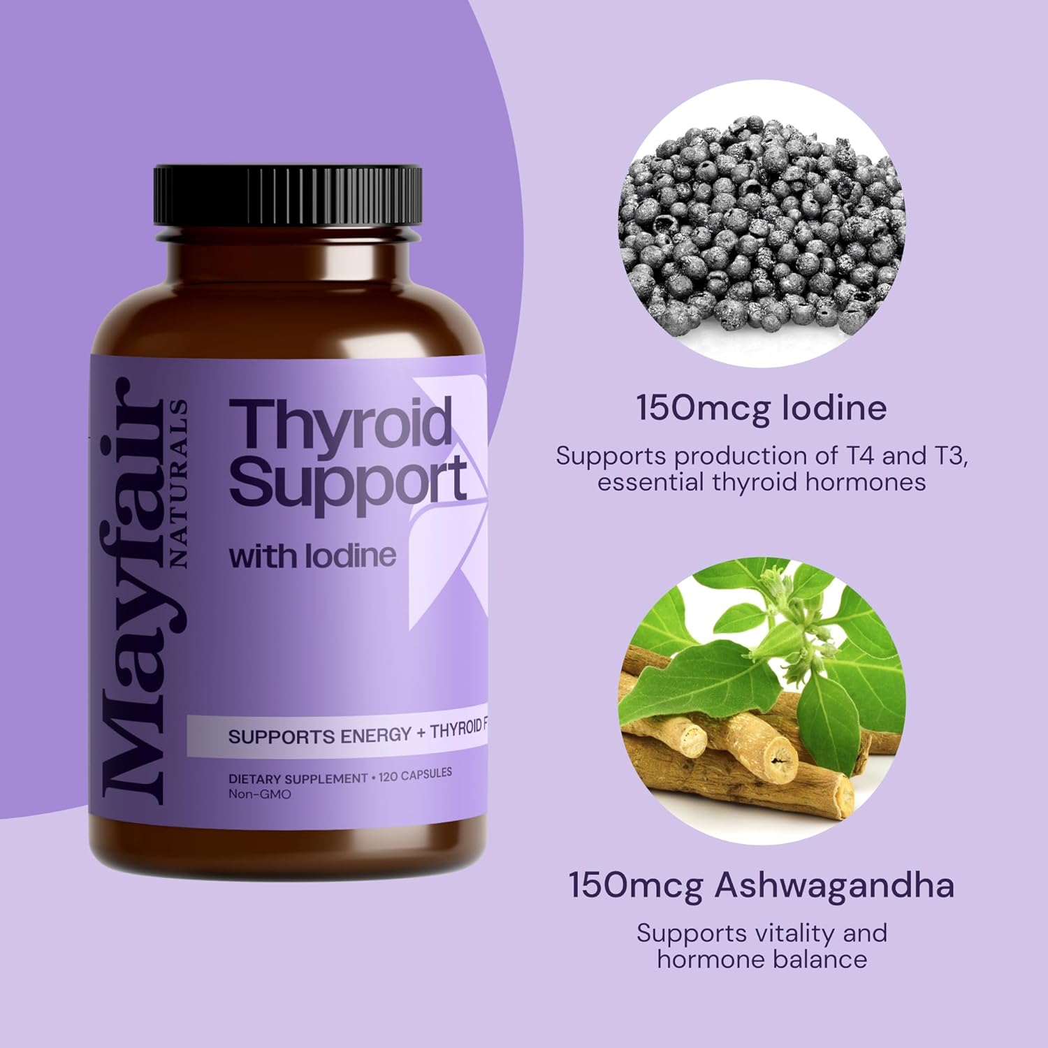 Mayfair Naturals Thyroid Support Supplement with Iodine for Energy and Thyroid Health - 120 Capsules for Men and Women