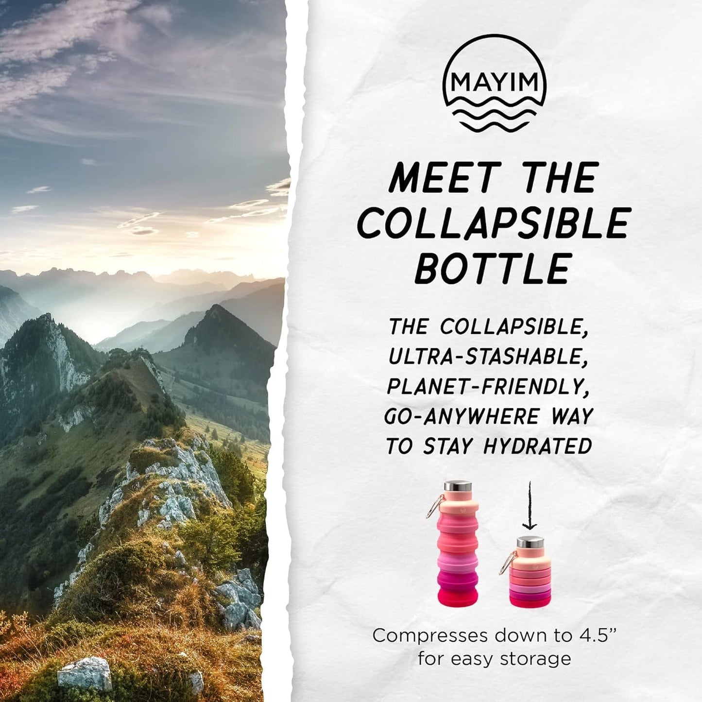 Mayim Collapsible Silicone Travel Tumbler with Clip - Reusable Portable Sport Water Bottle for Gym, Camping, Hiking - 17 Oz Red Tie Dye