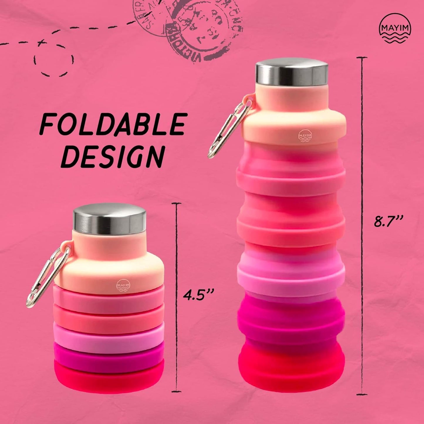 Mayim Collapsible Silicone Travel Tumbler with Clip - Reusable Portable Sport Water Bottle for Gym, Camping, Hiking - 17 Oz Red Tie Dye