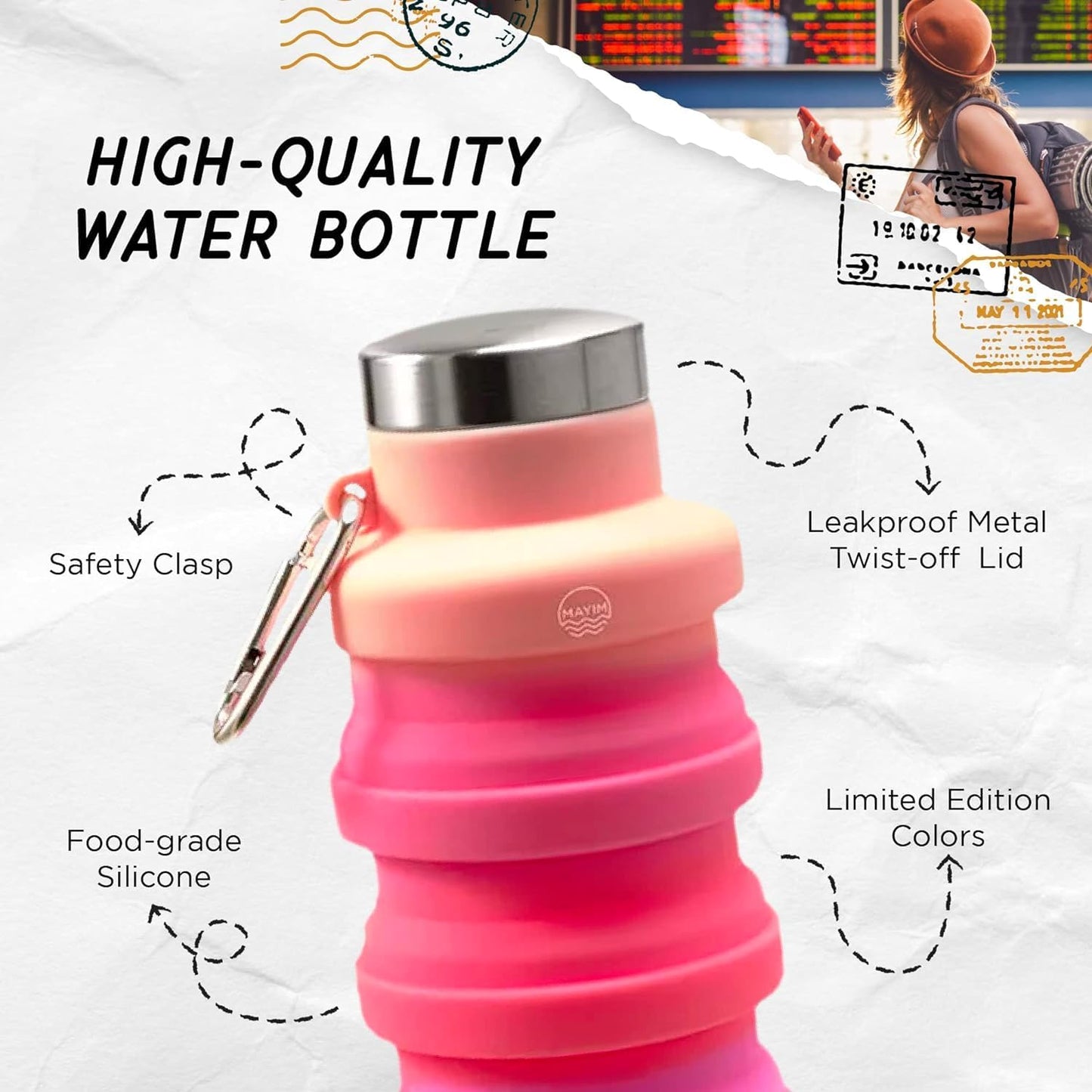 Mayim Collapsible Silicone Travel Tumbler with Clip - Reusable Portable Sport Water Bottle for Gym, Camping, Hiking - 17 Oz Red Tie Dye