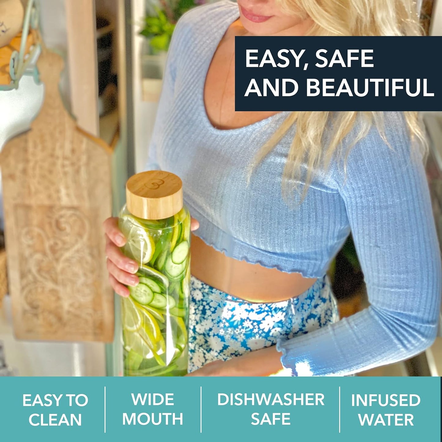 mayu Premium Borosilicate Glass Water Bottles with Bamboo Lid - 3 Size Bundle for Travel, Everyday Use, and Storage | Eco-Friendly and BPA-Free