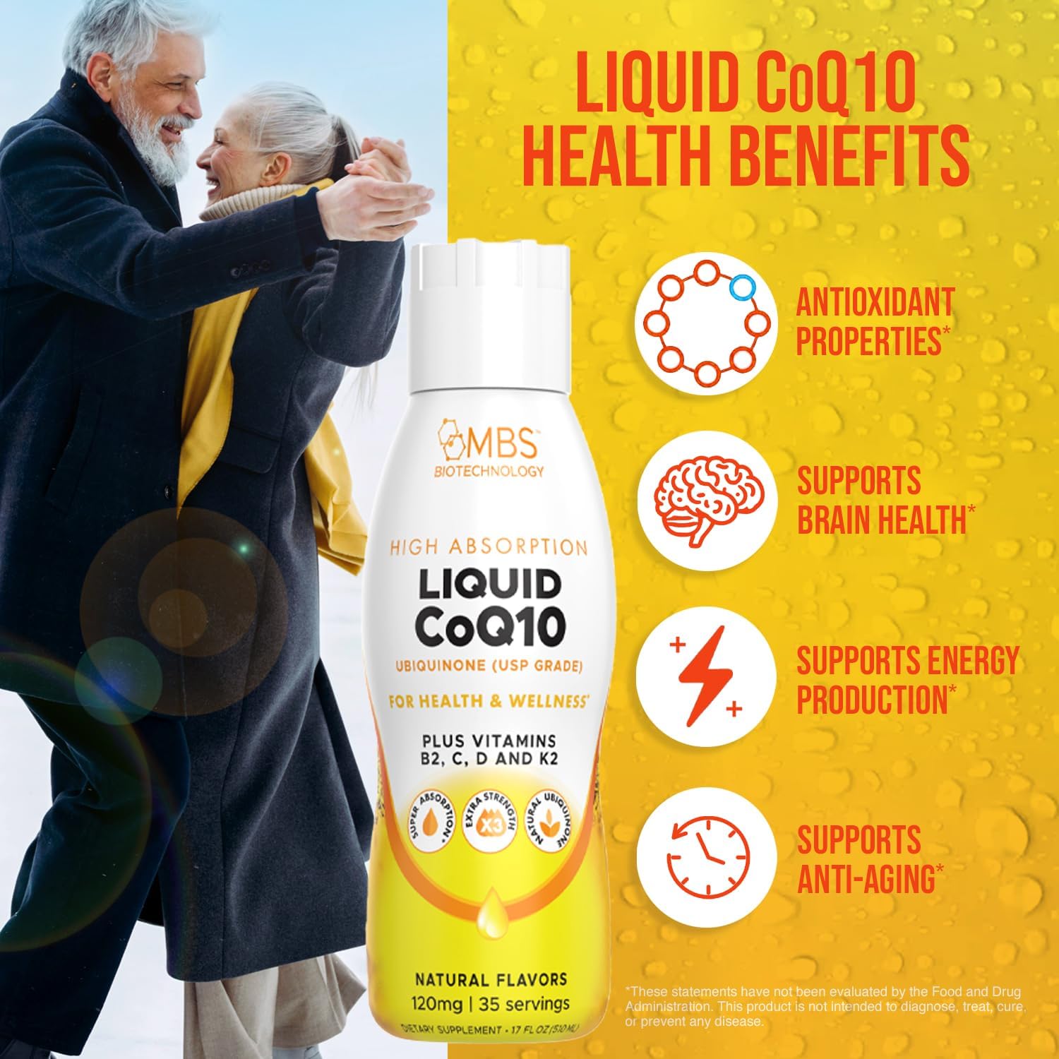 MBS Biotechnology Liquid CoQ10 120mg: Bioavailable Ubiquinone for Heart, Bone, Skin Health - 35 Servings, 17oz Bottle