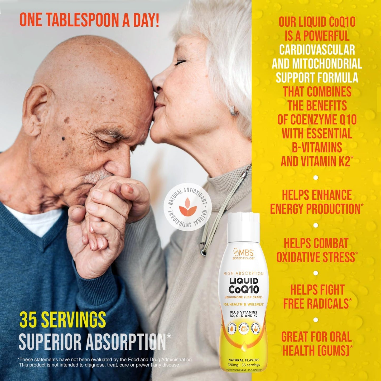 MBS Biotechnology Liquid CoQ10 120mg: Bioavailable Ubiquinone for Heart, Bone, Skin Health - 35 Servings, 17oz Bottle