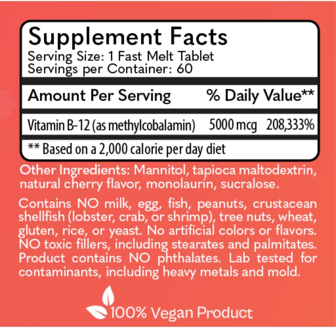 MD Logic Health Methyl-B12 5000 Fast Melt Tablets for Vegan Energy Support - 60 count - Made in NY