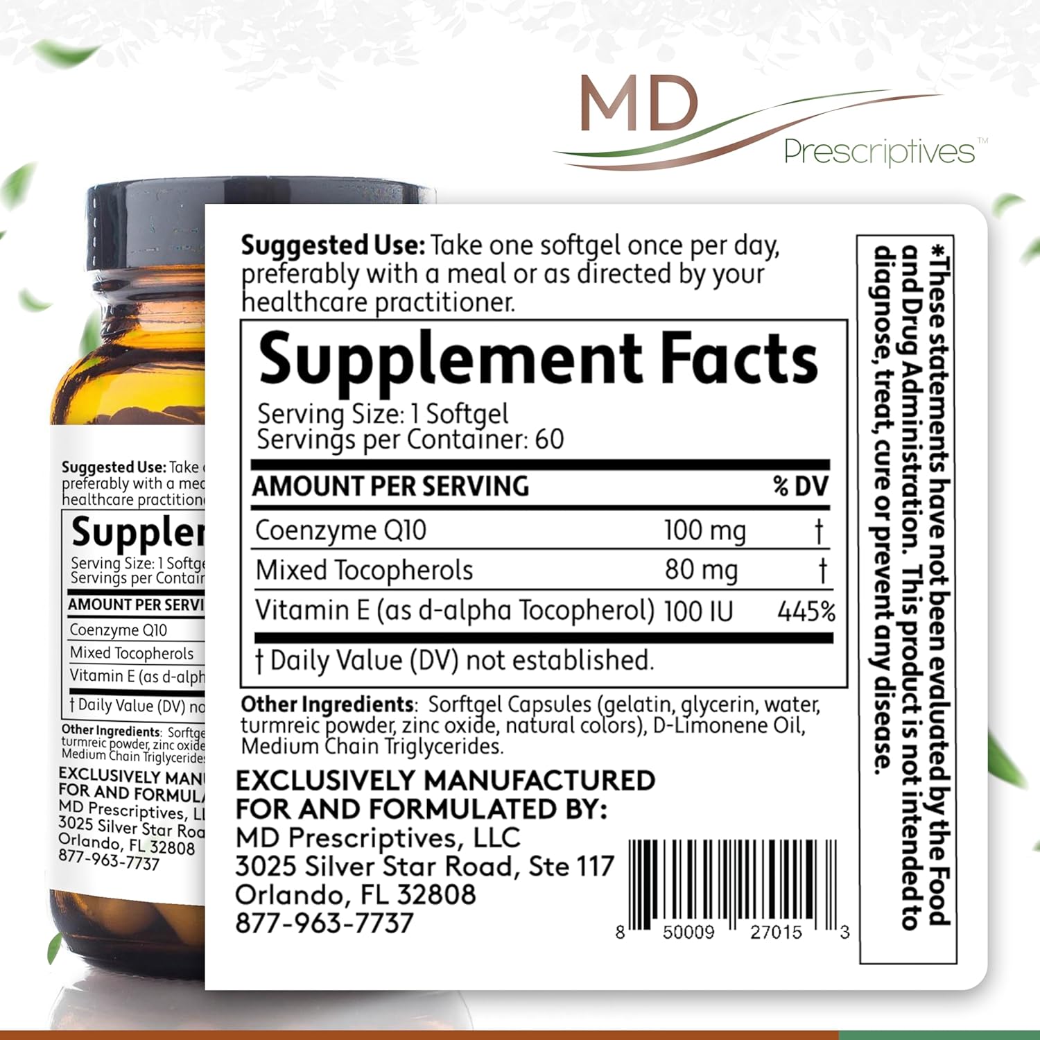 MD Prescriptives Coq-CF MD - High Absorption CoQ10 with Vitamin E - 100mg Coenzyme Q10 Supplement - 60 Softgels - One Daily Capsule