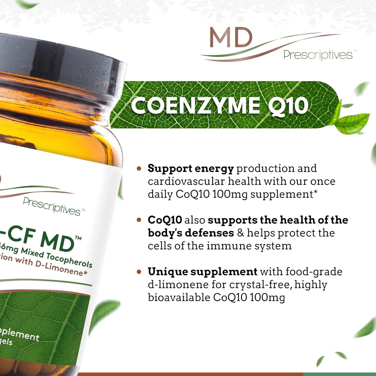 MD Prescriptives Coq-CF MD - High Absorption CoQ10 with Vitamin E - 100mg Coenzyme Q10 Supplement - 60 Softgels - One Daily Capsule
