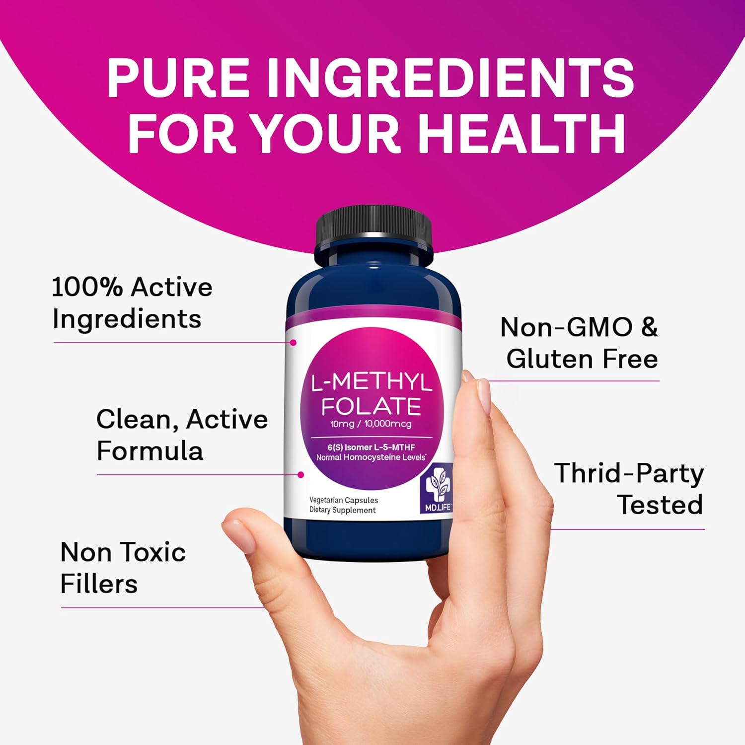 MD.LIFE L-Methylfolate 10mg - Professional Grade MTHFR Supplement - Maximum Potency - 30 Capsules