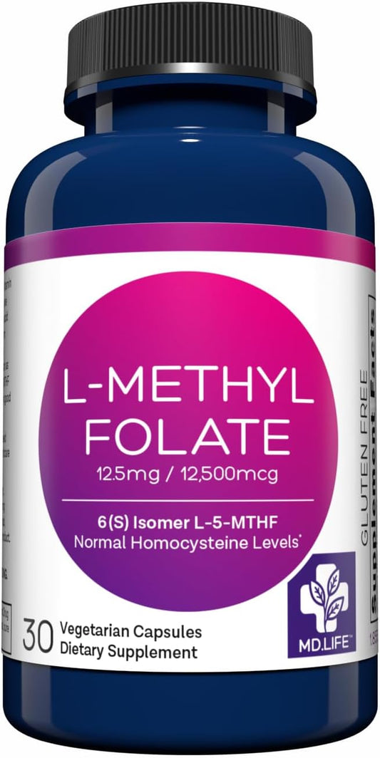 MD.LIFE L-Methylfolate 12.5mg Supplement - High Potency MTHFR Support - 30 Capsules - Essential Amino Acids Formula