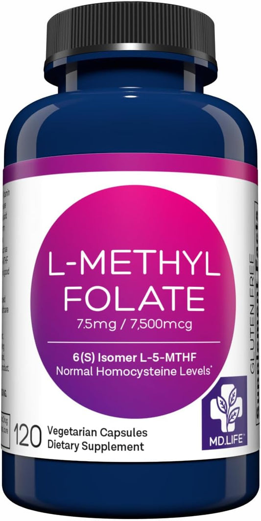 MD.LIFE L-Methylfolate 7.5mg Capsules - Professional-Grade MTHFR Supplement with Essential Amino Acids - 120 Count