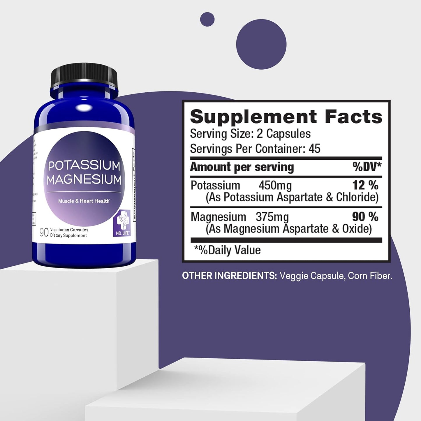 MD.LIFE Magnesium Citrate and Potassium Supplement - 90 Capsules, 90 Count Bottle