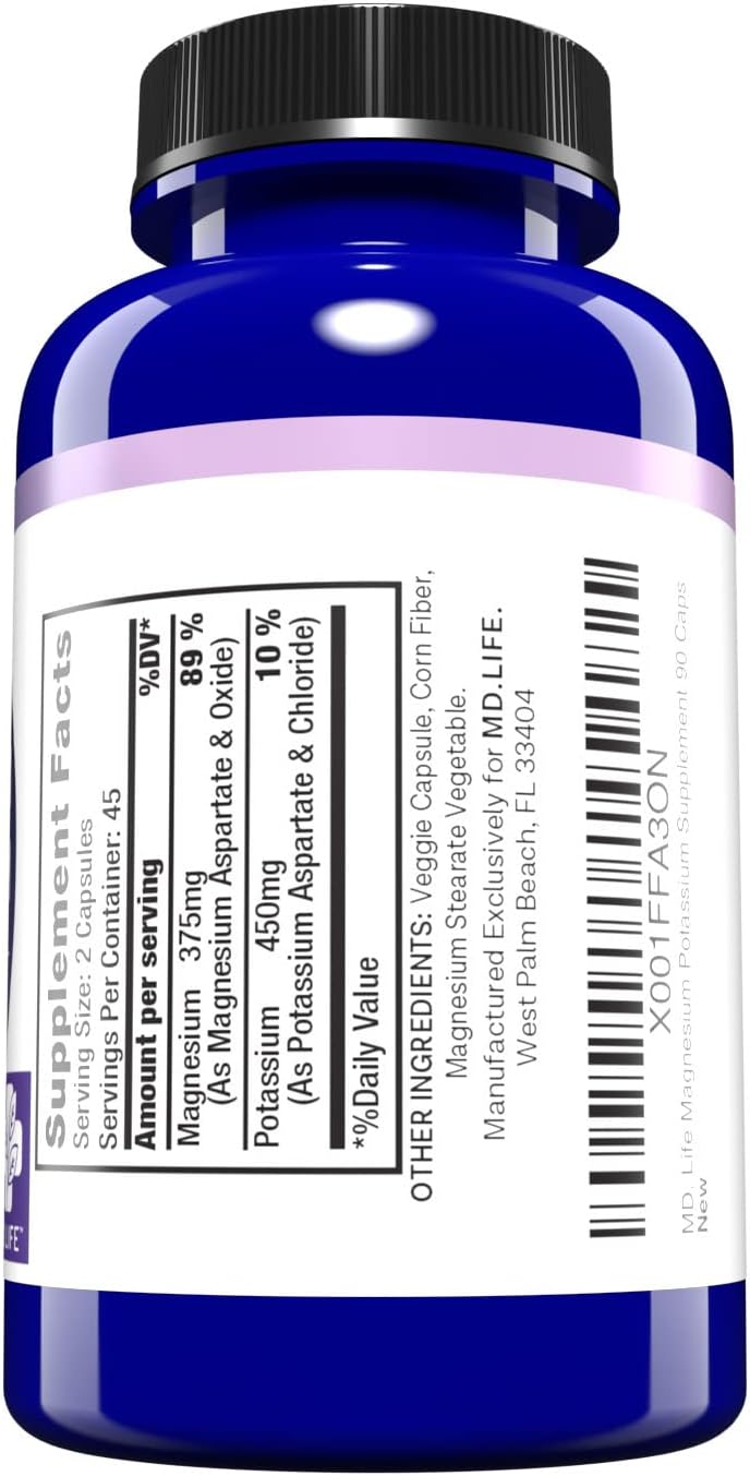 MD.LIFE Magnesium Citrate and Potassium Supplement - 90 Capsules, 90 Count Bottle