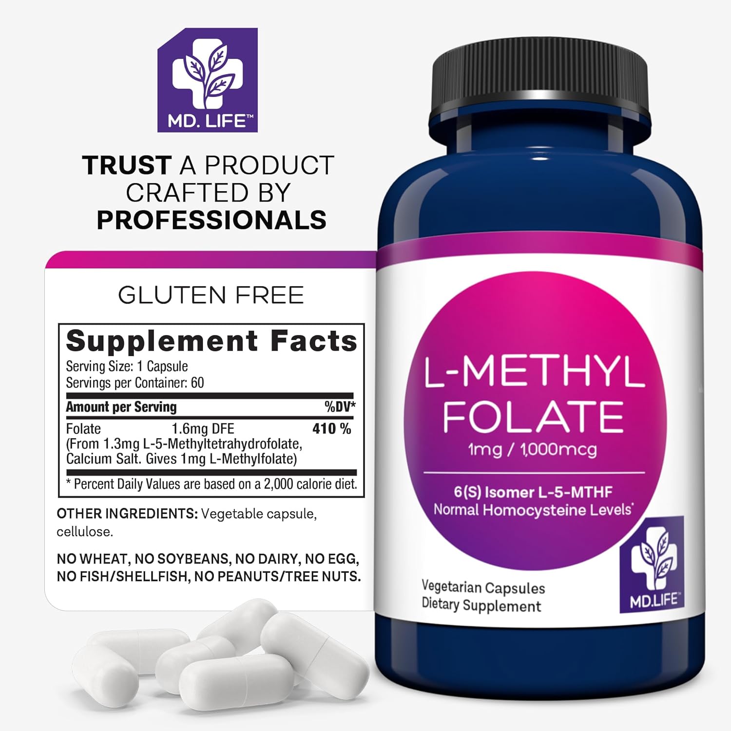 MD.LIFE Professional-Grade L Methylfolate 1mg Supplement - Maximum Potency MTHFR Support - 60 Capsules - Essential Amino Acids for Health