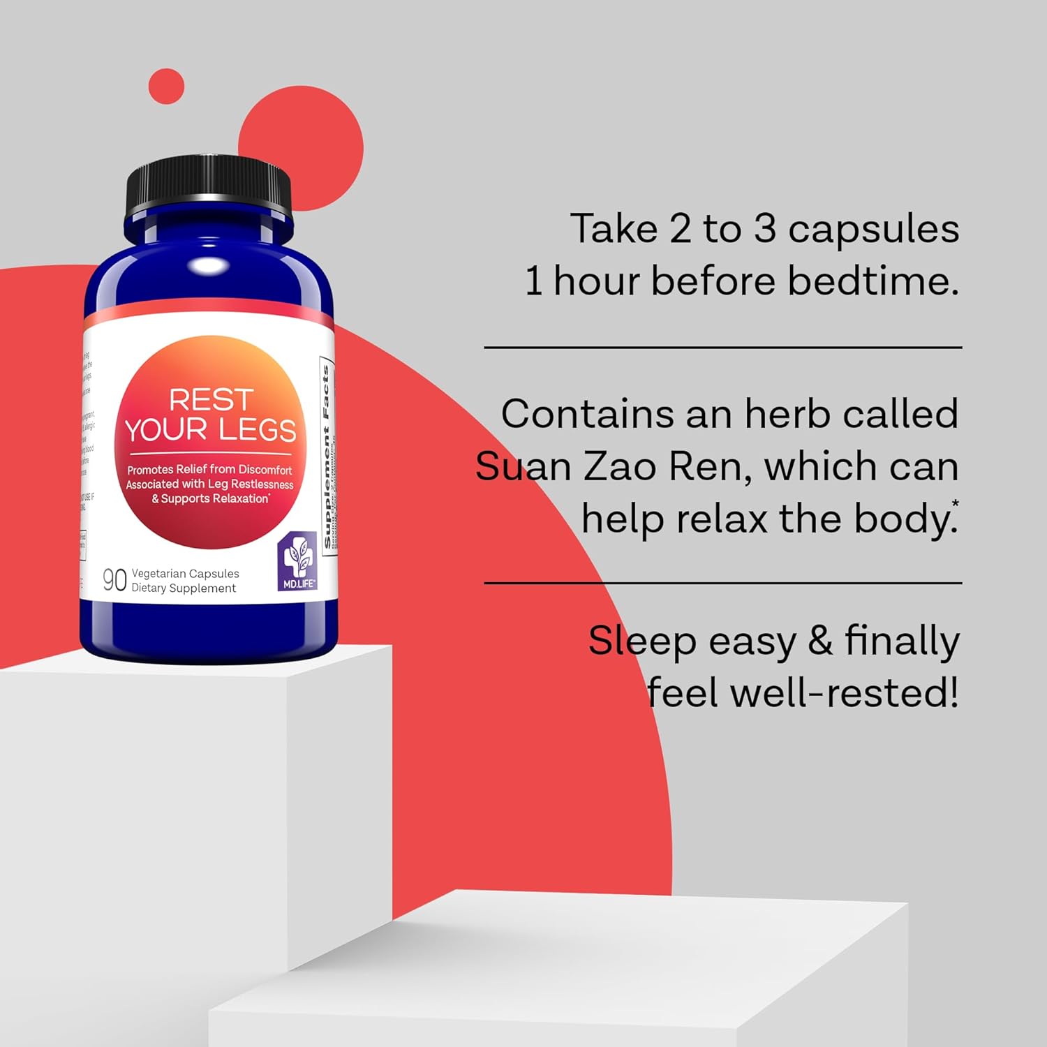 MD.Life Rest Your Legs Capsules - Leg Cramp Relief with Vitamin D3 & Curcumin - Suan Zao Ren for Joint Health & Sleep - 90 Vegan Capsules