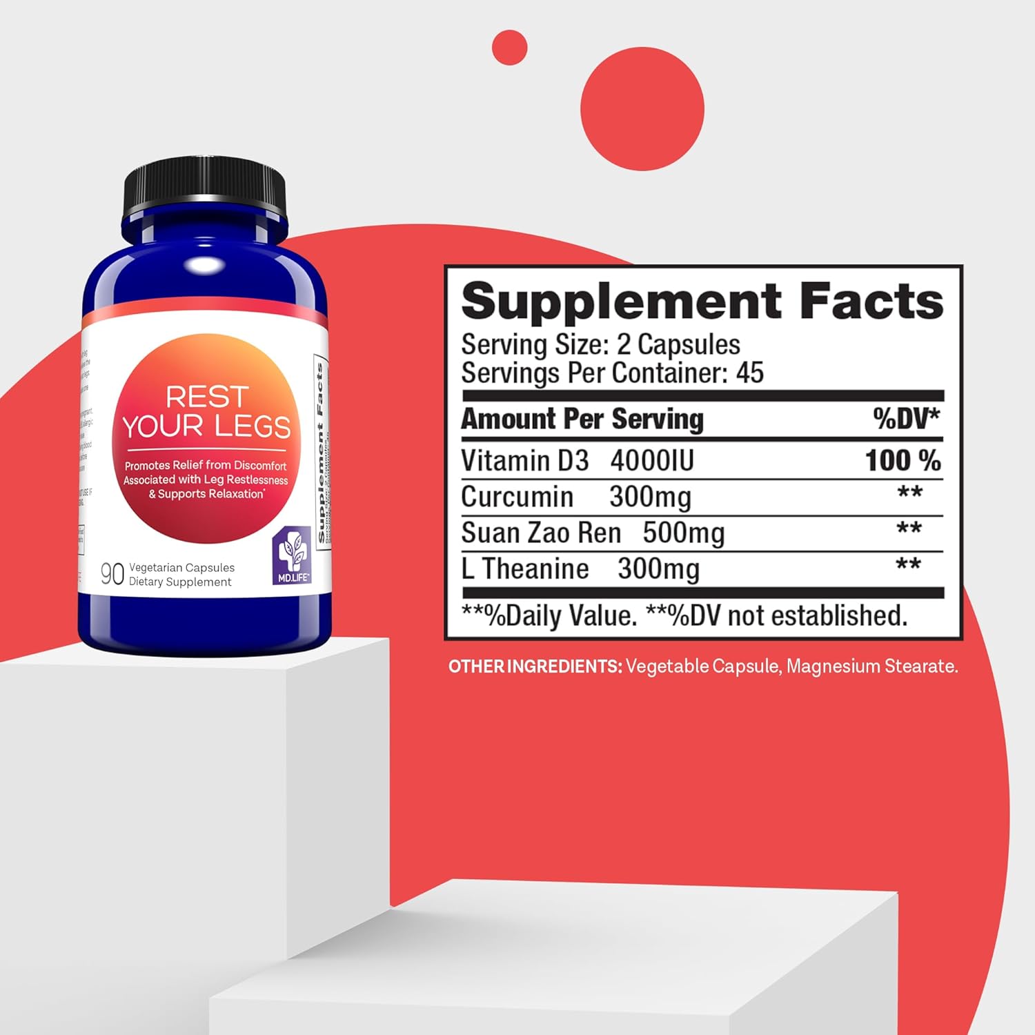 MD.Life Rest Your Legs Capsules - Leg Cramp Relief with Vitamin D3 & Curcumin - Suan Zao Ren for Joint Health & Sleep - 90 Vegan Capsules