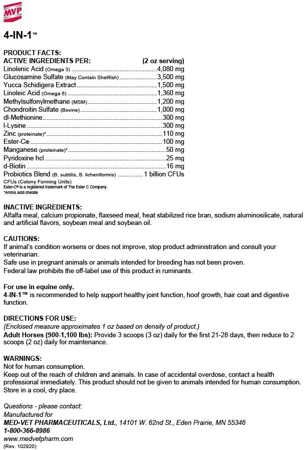 Med-Vet Pharmaceuticals 4-in-1 (4 lb) Equine Supplement for Joint, Hair, Hoof, and Digestive Health