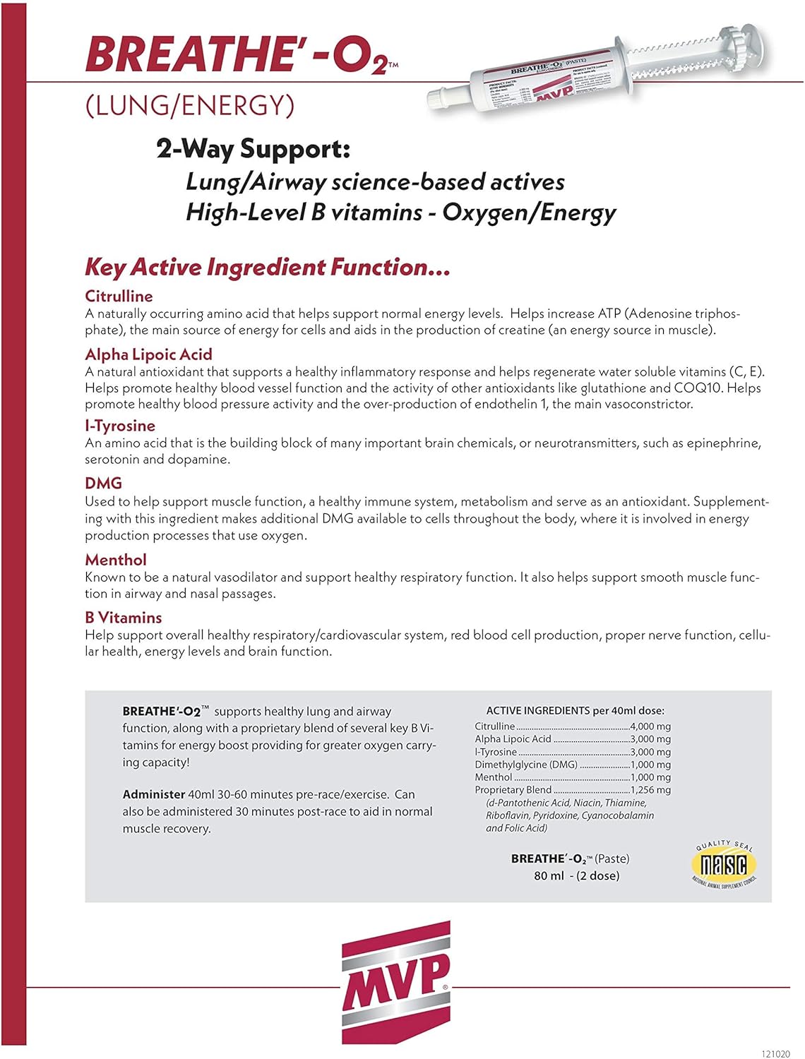 Med-Vet Pharmaceuticals Breathe O'2 4-Pack - Pre-Race Paste for Lung Support in Horses