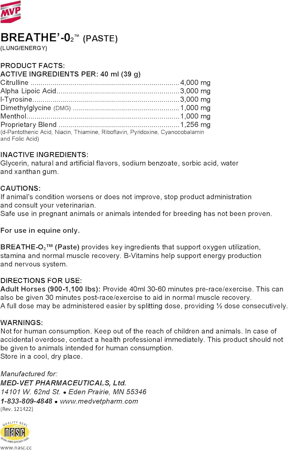 Med-Vet Pharmaceuticals Breathe O'2 4-Pack - Pre-Race Paste for Lung Support in Horses
