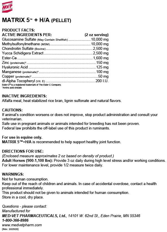 Med-Vet Pharmaceuticals Matrix 5 H/A 20lb Pellets - Horse Joint Support Formula