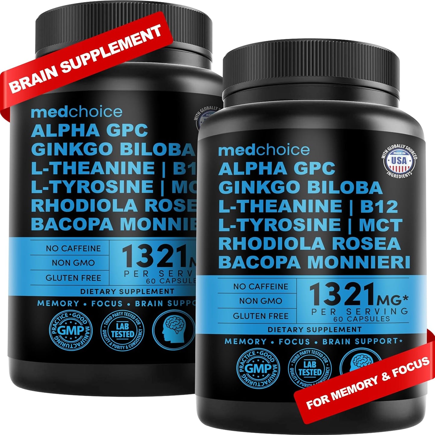 MEDCHOICE 11-in-1 Nootropic Brain Supplements for Memory and Focus - Vegan Formula with Ginkgo Biloba, L Theanine, and More - 60ct x 2 Pack