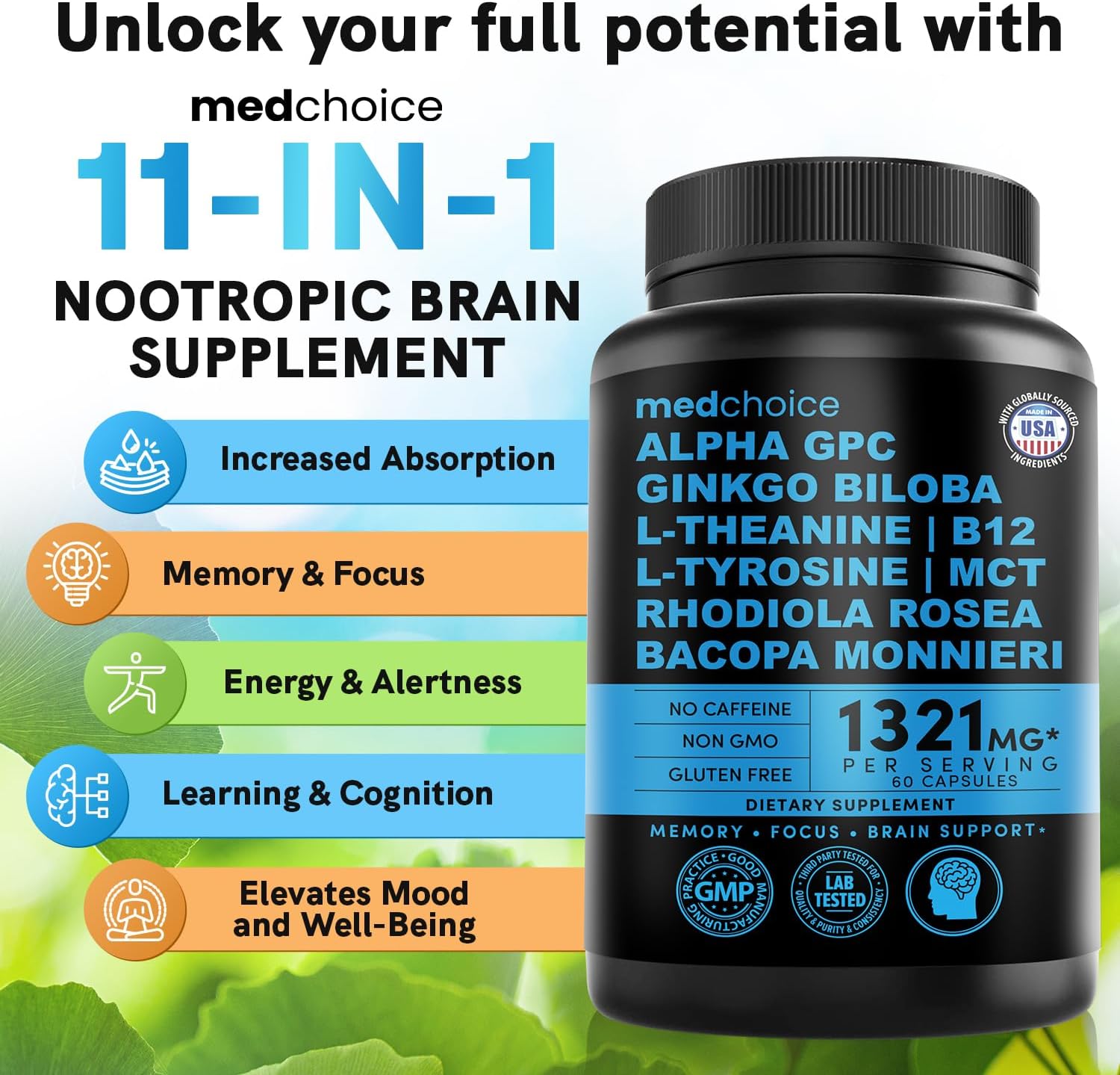 MEDCHOICE 11-in-1 Nootropic Brain Supplements for Memory and Focus - Vegan Formula with Ginkgo Biloba, L Theanine, and More - 60ct x 2 Pack
