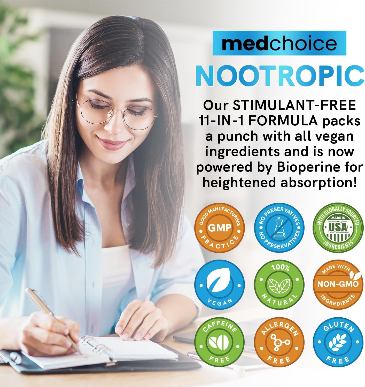 MEDCHOICE 11-in-1 Nootropic Brain Supplements for Memory and Focus - Vegan Formula with Ginkgo Biloba, L Theanine, and More - 60ct x 2 Pack