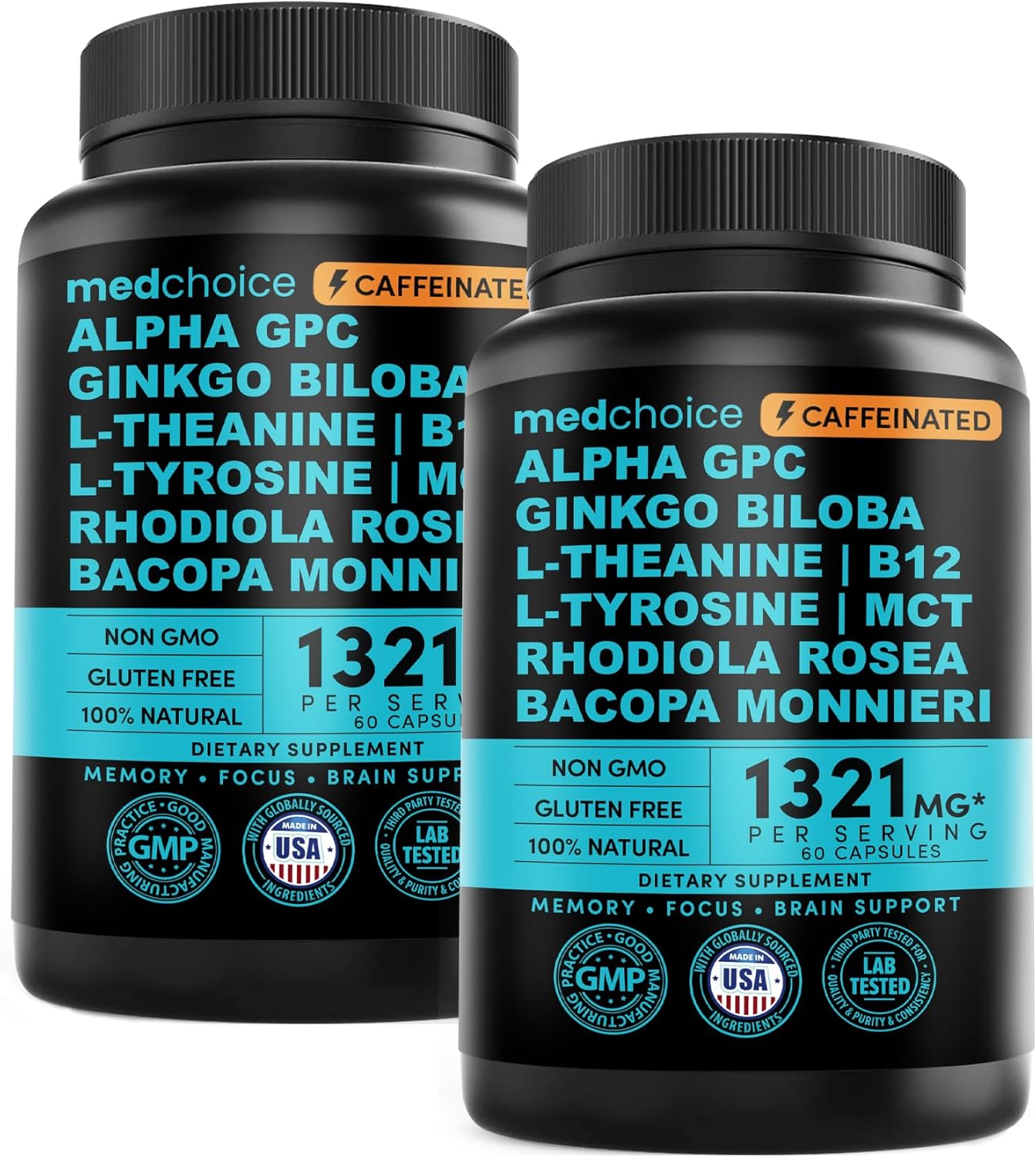 MEDCHOICE Nootropic Brain Supplement with Caffeine Anhydrous, Ginkgo Biloba, B12, Alpha GPC, L Theanine, Choline, Bioperine - Brain Support, Memory, Focus - 1321mg, 60ct (Pack of 2)