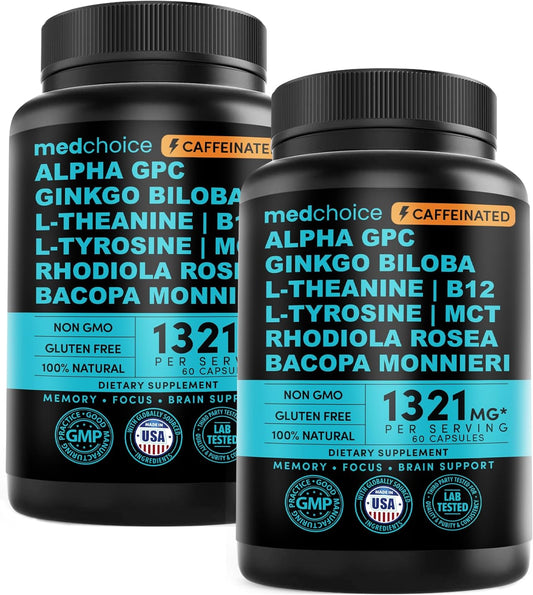 MEDCHOICE Nootropic Brain Supplement with Caffeine Anhydrous, Ginkgo Biloba, B12, Alpha GPC, L Theanine, Choline, Bioperine - Brain Support, Memory, Focus - 1321mg, 60ct (Pack of 2)