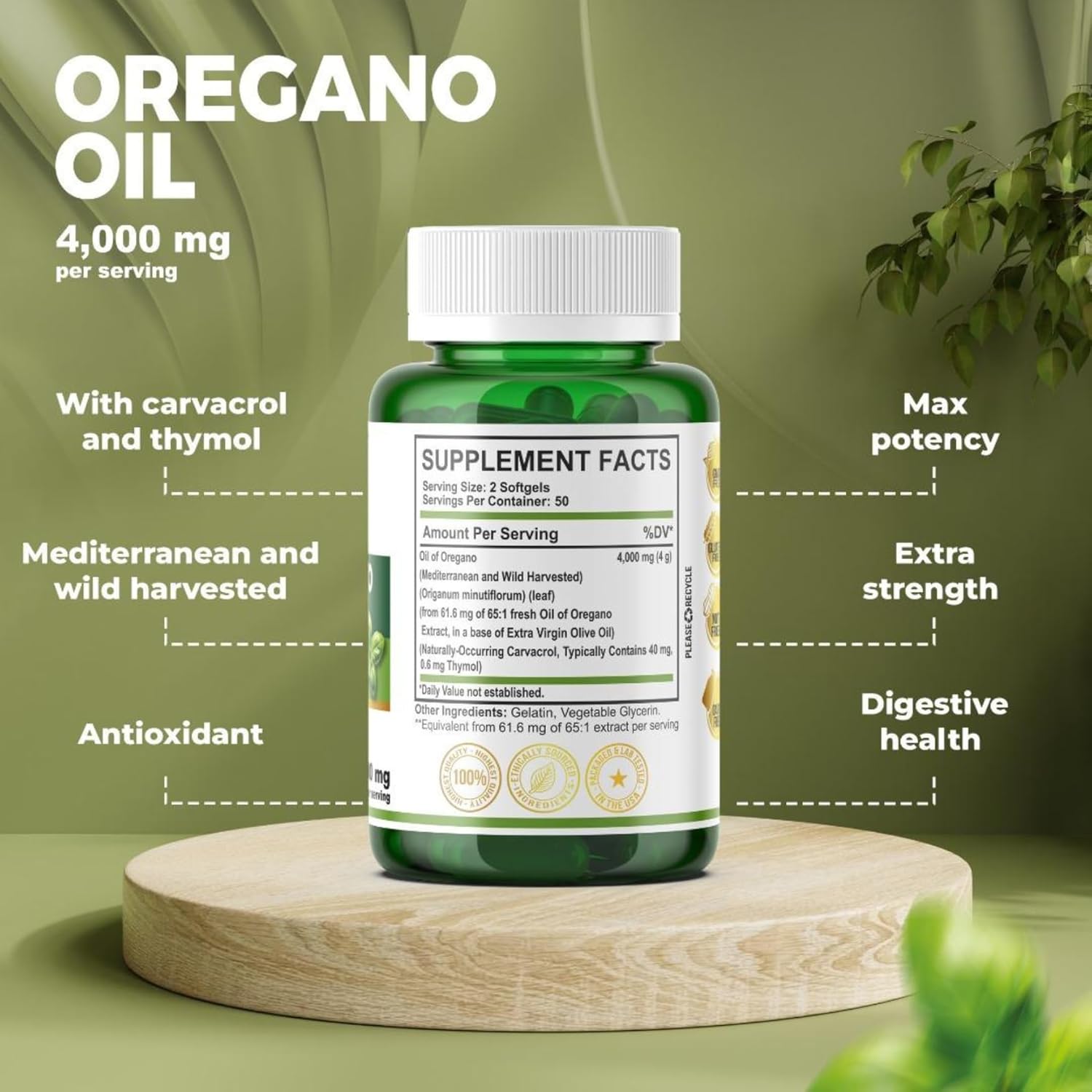 Mediterranean Pure Oregano Oil Extract Liquid Capsules - 4000mg, 65:1 Concentration, Carvacrol, Non-GMO, Gluten Free - Immune & Antioxidant Support