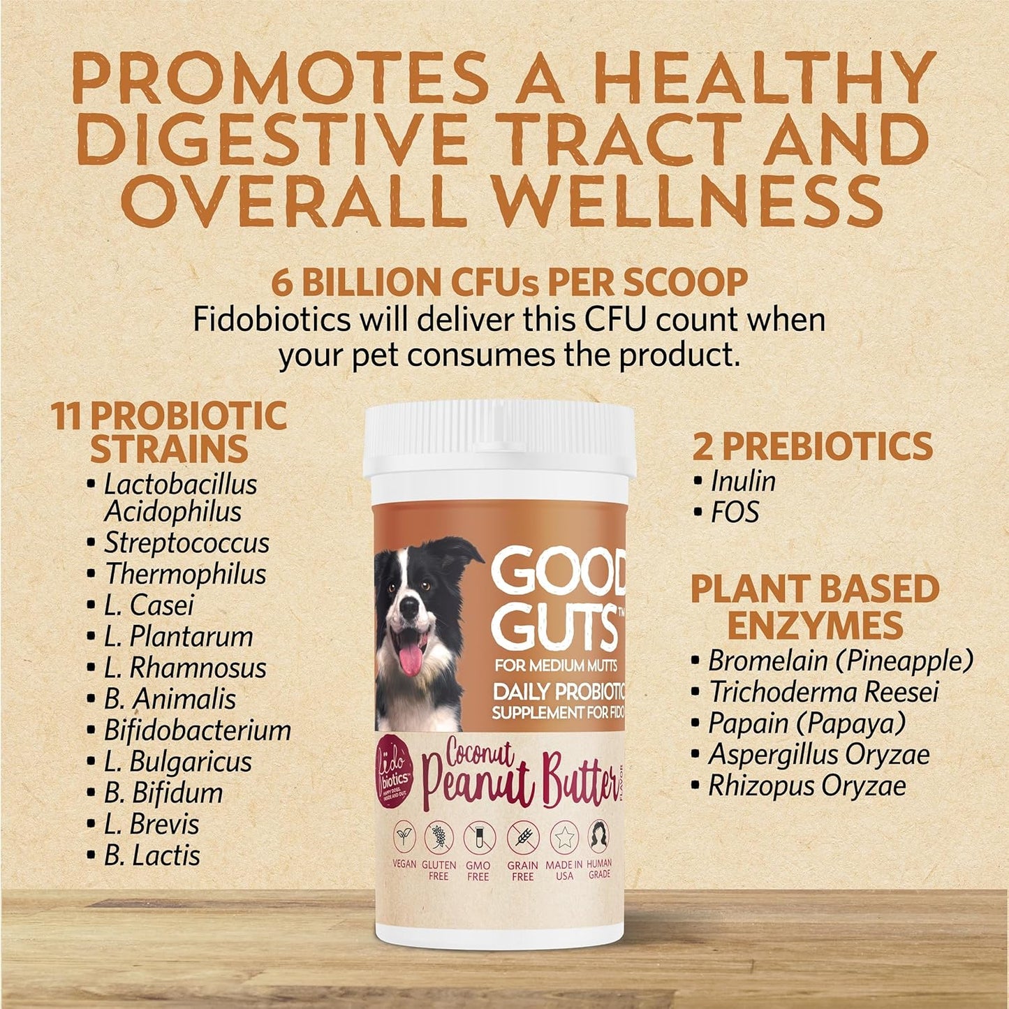 Medium Mutts Gut Health Probiotic for Dogs - 6 Billion CFUs, 11 Strains, 5 Enzymes, 2 Prebiotics - Adult & Puppy Supplement (30 Days)
