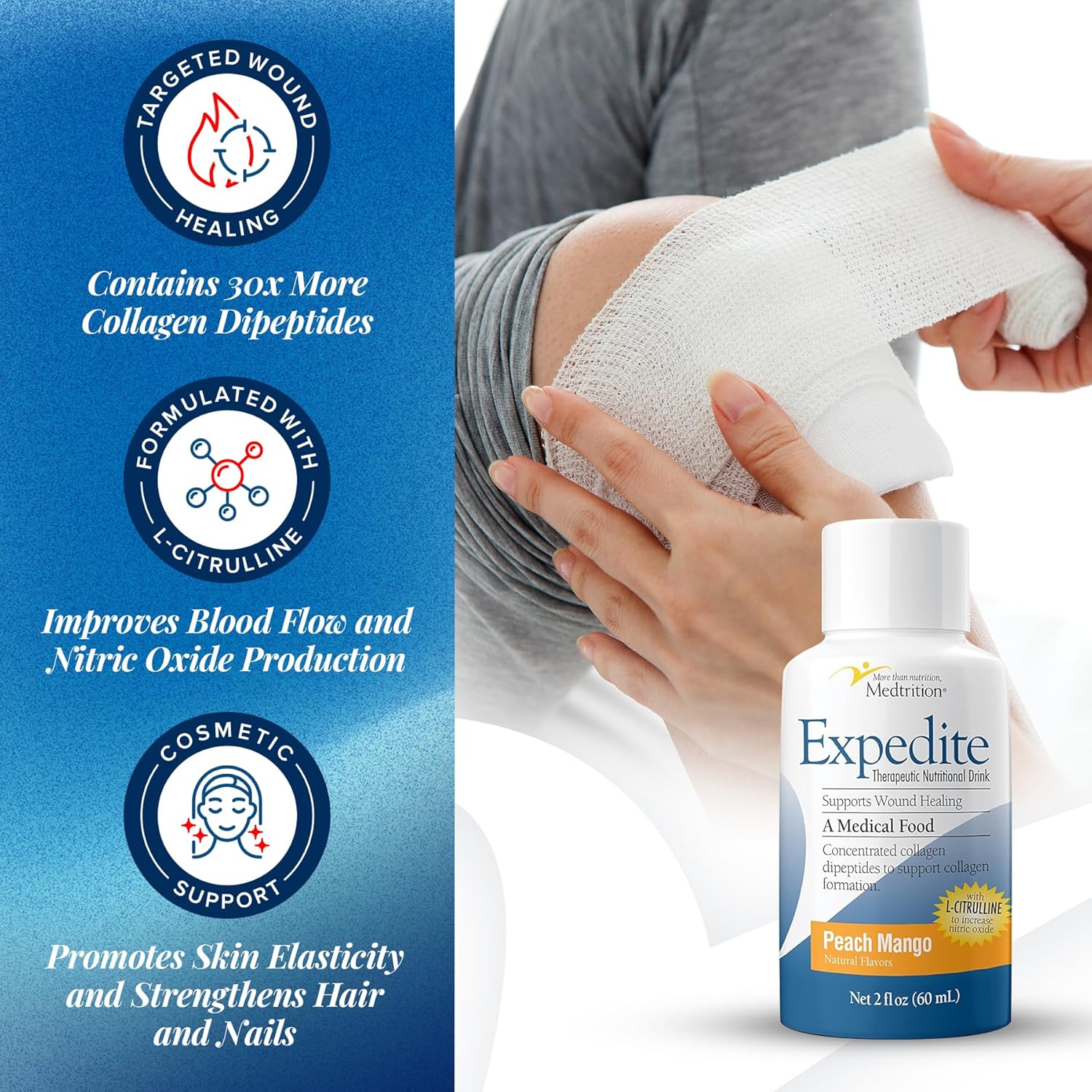 Medtrition Expedite Liquid Collagen - Enhanced Collagen Peptides Formula for Wound Healing, Surgery Recovery, Diabetic Foot Ulcers, Skin Health - 24 Bottles