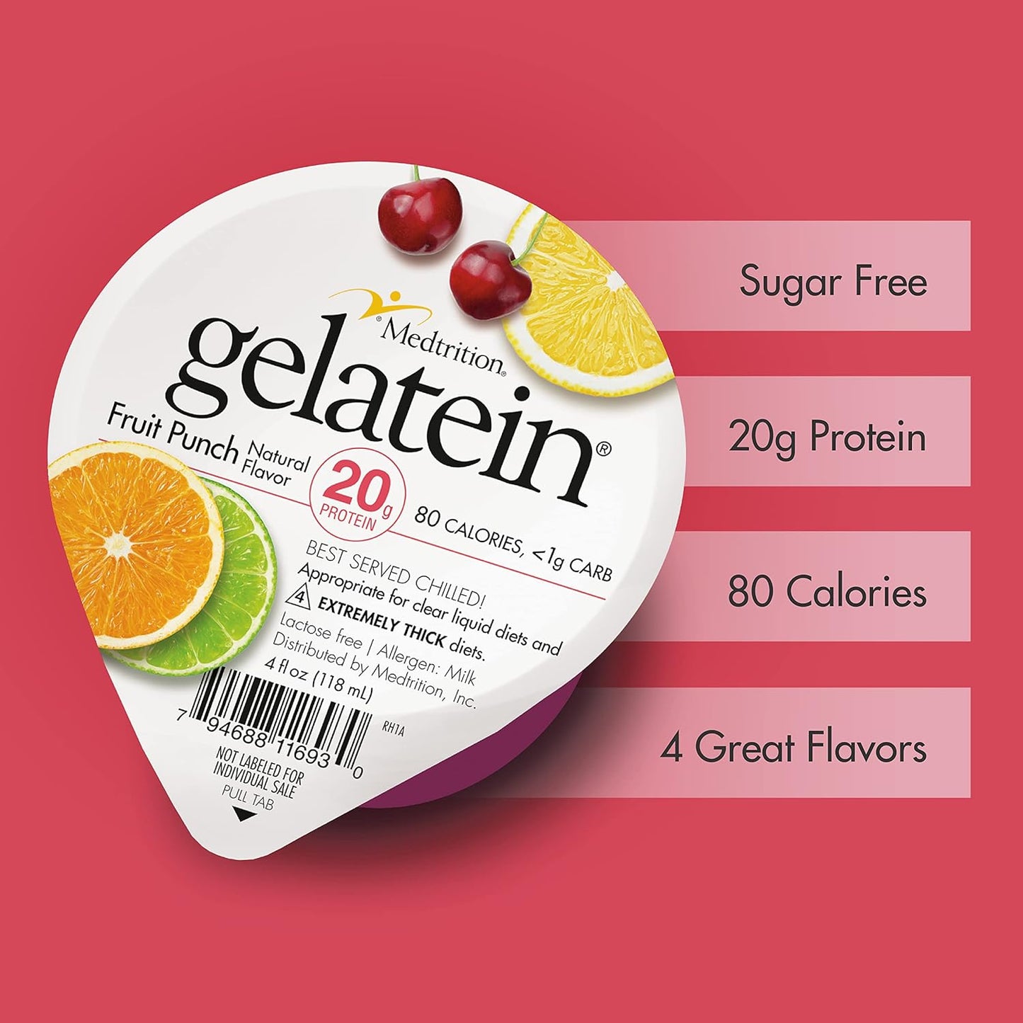 Medtrition Gelatein Fruit Punch: High-Protein, Sugar-Free Snack for Liquid Diets, Swallowing Issues, Bariatric, Dialysis & Oncology - 12 Pack