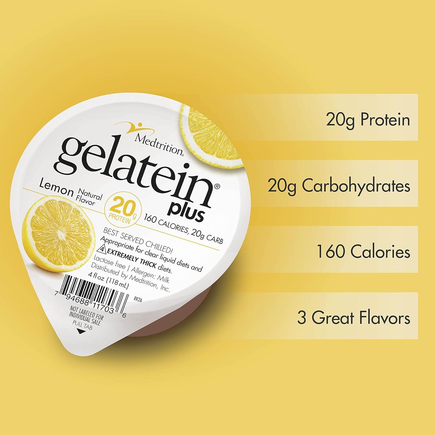 Medtrition Gelatein Plus Lemon: 20g Protein, Clear Liquid Diet, Swallowing Issues, Dialysis, Oncology, Pre/Post-Workout Snack (36 Pack)