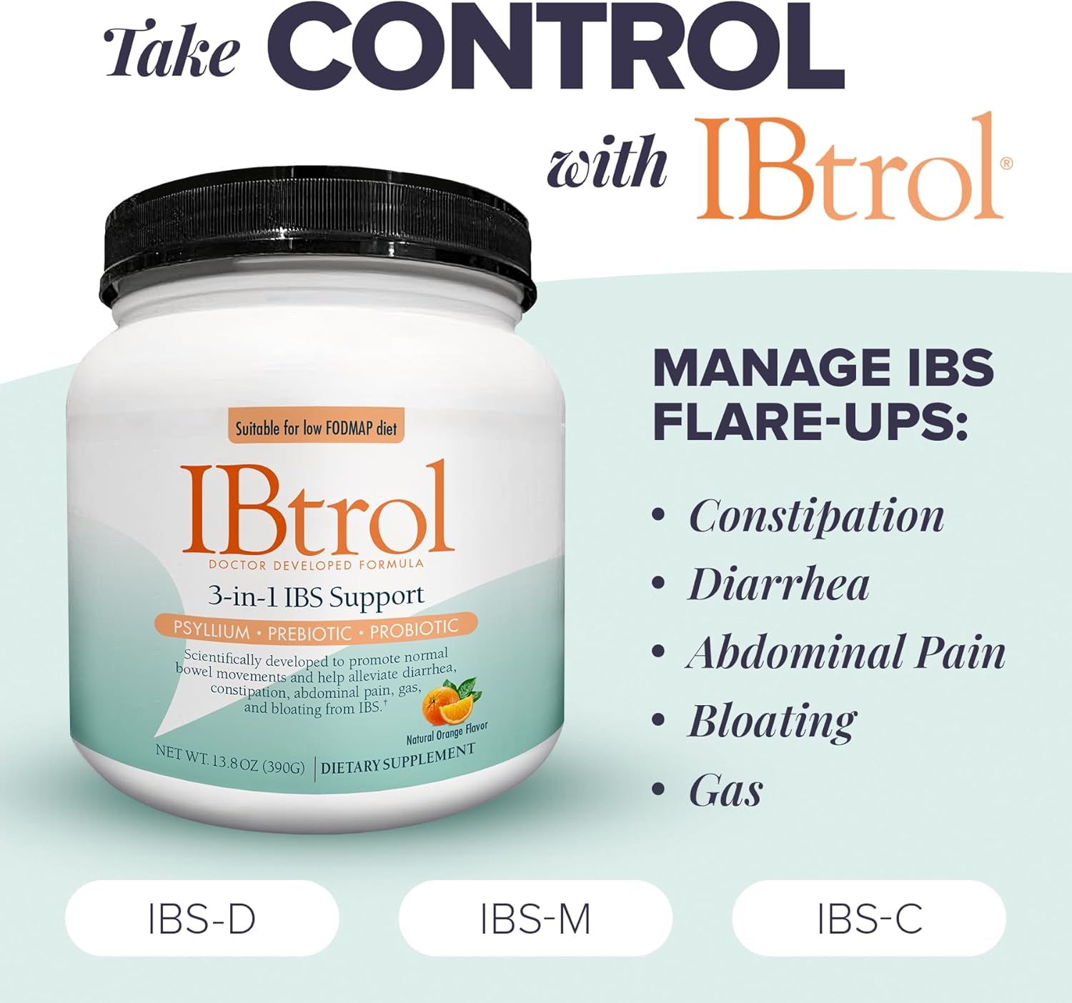 Medtrition IBtrol® 3-in-1 IBS Gut Health Supplement - Psyllium, Prebiotic, Probiotics - Manage IBS Symptoms, Gas, Bloating, Diarrhea, Constipation - 60 Servings (Orange Flavor)