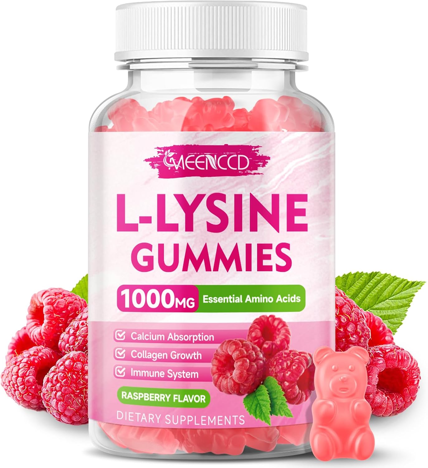 MEENCCD L-Lysine 1000mg Gummies - Essential Amino Acid Supplement for Oral Health - Raspberry Flavor - 60 Count
