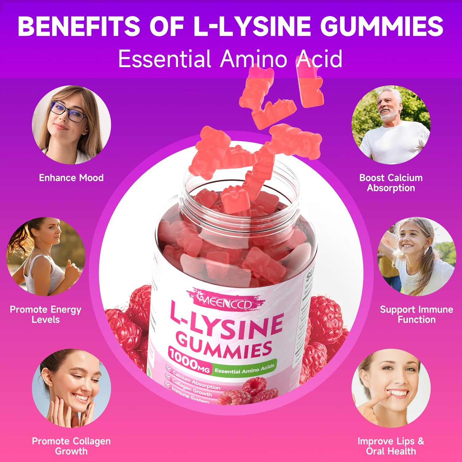 MEENCCD L-Lysine 1000mg Gummies - Essential Amino Acid Supplement for Oral Health - Raspberry Flavor - 60 Count