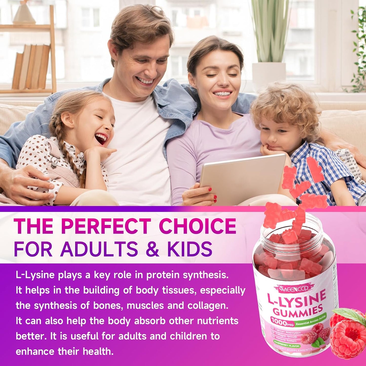 MEENCCD L-Lysine 1000mg Gummies - Essential Amino Acid Supplement for Oral Health - Raspberry Flavor - 60 Count