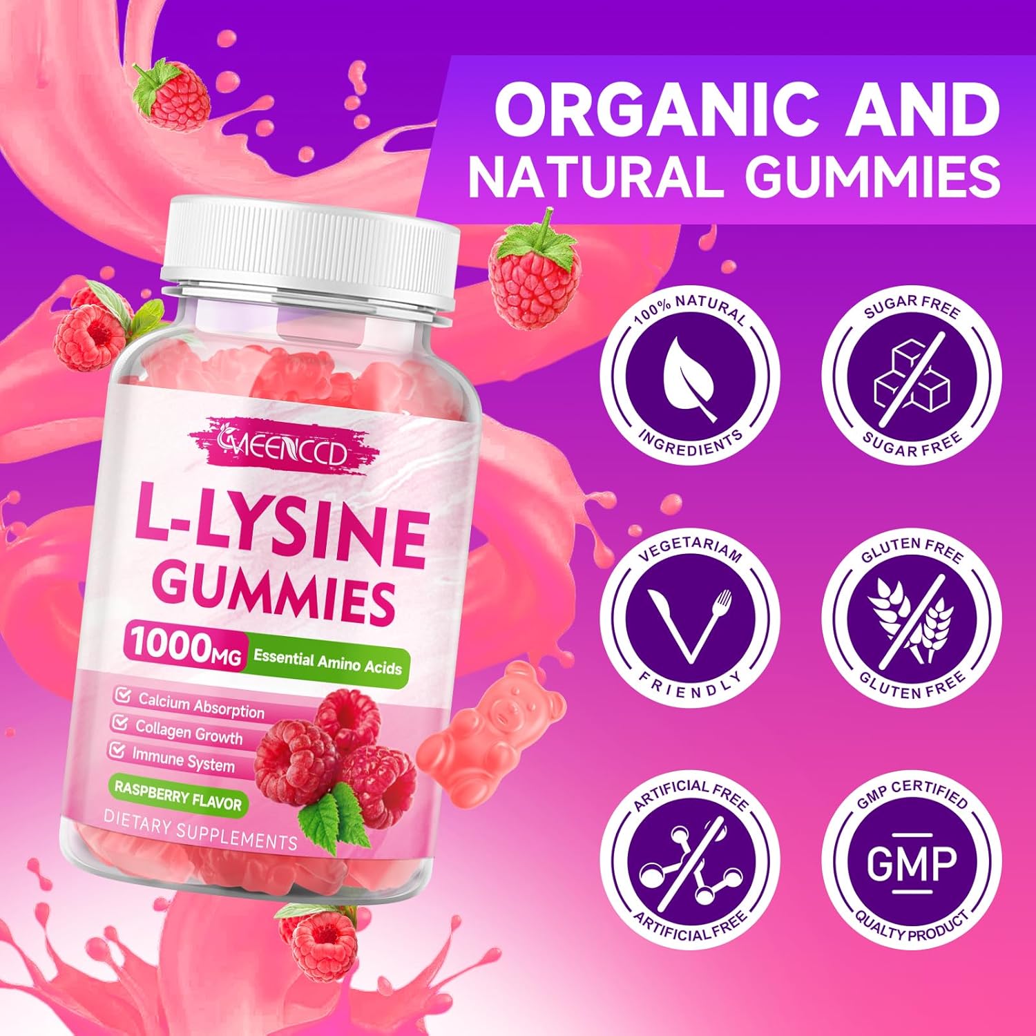 MEENCCD L-Lysine 1000mg Gummies - Essential Amino Acid Supplement for Oral Health - Raspberry Flavor - 60 Count