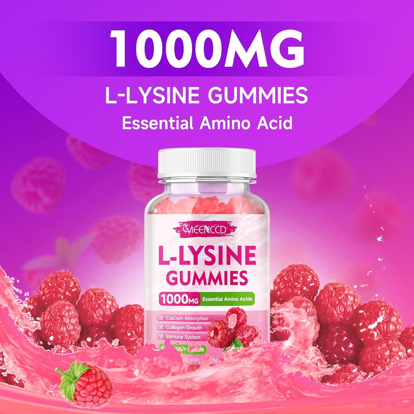 MEENCCD L-Lysine 1000mg Gummies - Essential Amino Acid Supplement for Oral Health - Raspberry Flavor - 60 Count