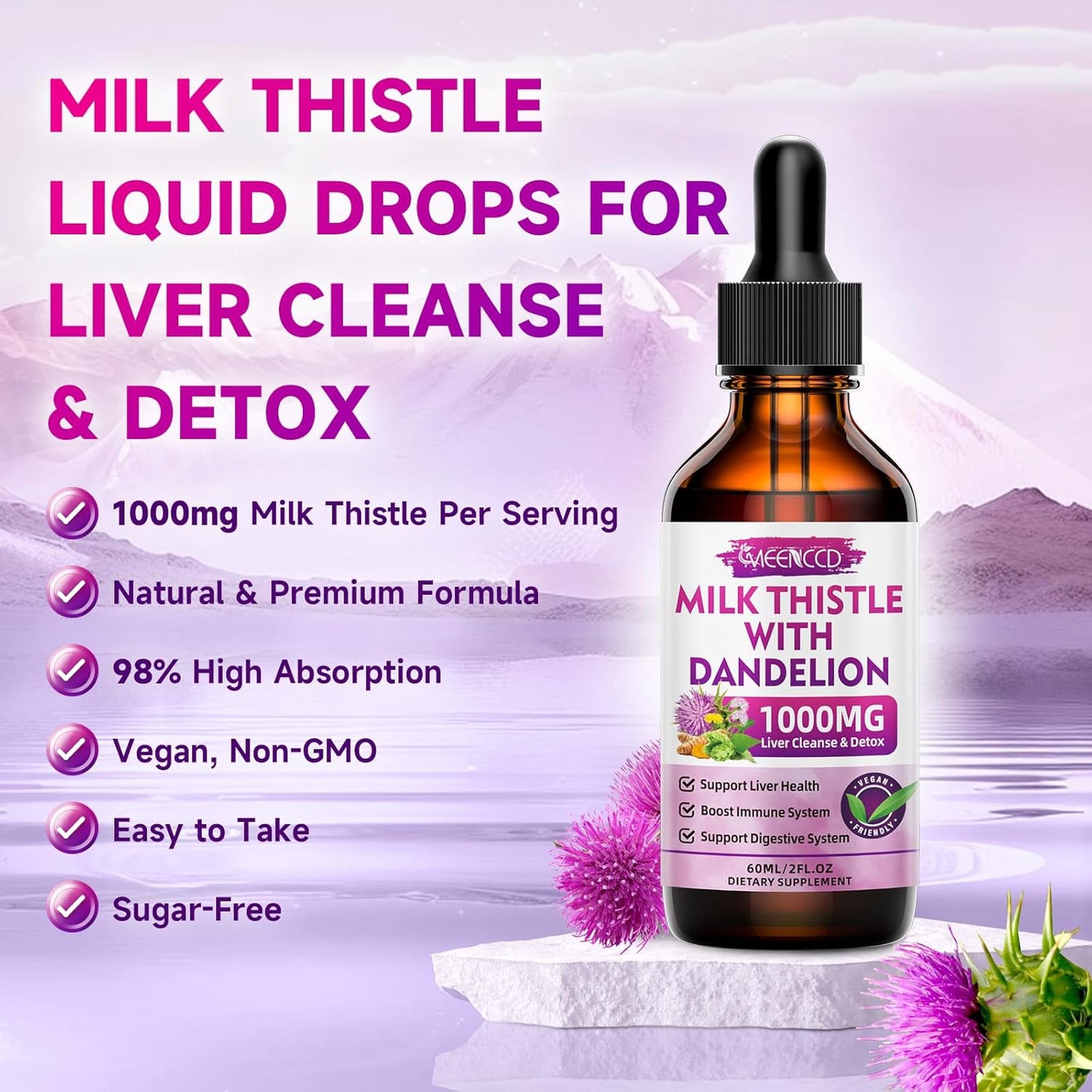 MEENCCD Milk Thistle Liquid Drops - Liver Cleanse Detox & Repair - 1000mg Supplement for Liver Support - Vegan & Non-GMO - 2 Fl Oz Bottle