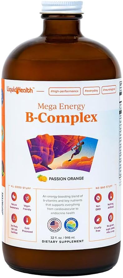 Mega Energy Methylated B-Complex Liquid Vitamin Supplement - Boost Energy, Reduce Stress & Fatigue, Support Immune, Heart & Gut Health - Vegan, Sugar-Free (32 oz)
